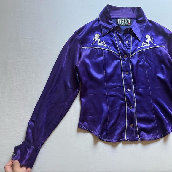LIP SERVICE vintage purple satin piped western cowgirl cowboy snap button up - Picture 2 of 10